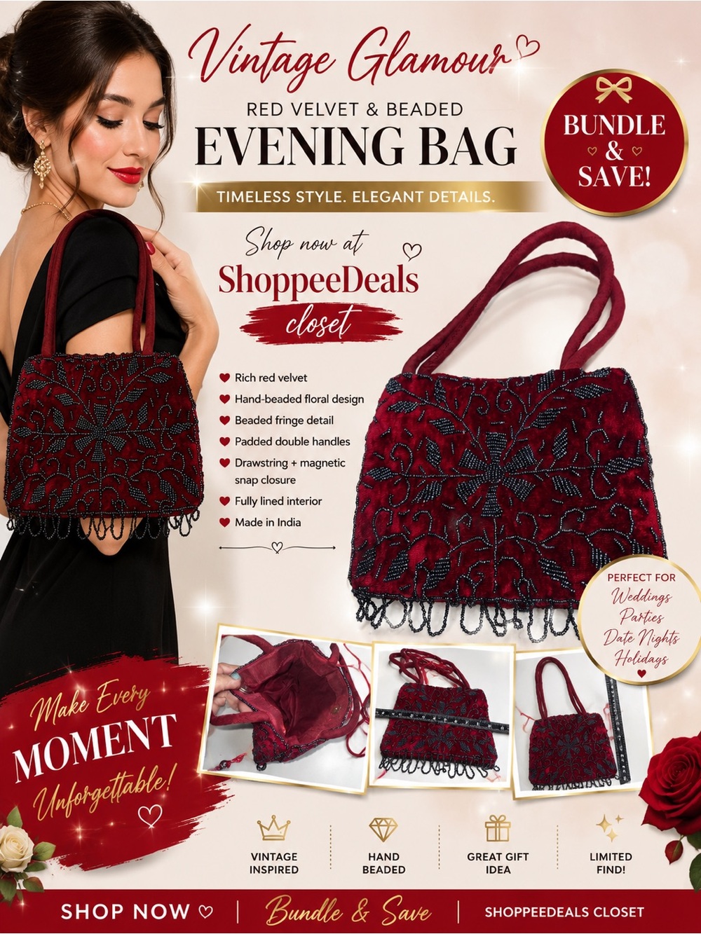 Vintage Red Velvet & Black Beaded Evening Bag Purse